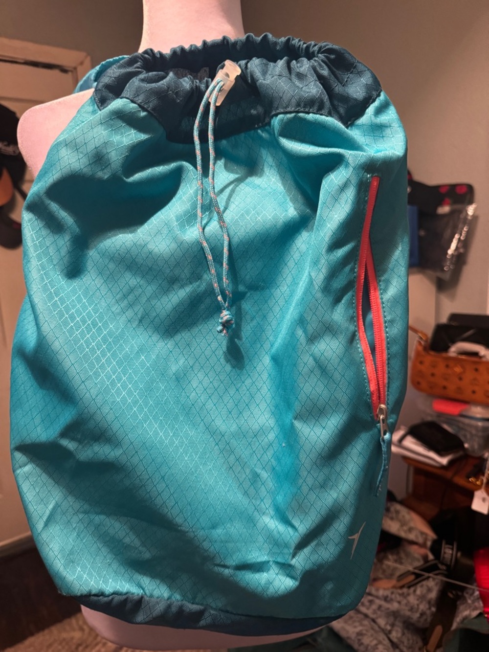 Old Navy Teal Drawstring Backpack with Coral Zipper